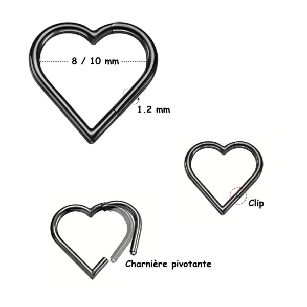 Piercing Cœur en Titane ASTM-F136 avec fermeture à charnière intégrée (dimensions) Piercing Cœur en Titane ASTM-F136 avec fermeture à charnière intégrée (dimensions).
