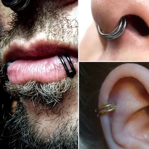 Piercing Double Anneau Clicker (à charnière) en Titane ASTM-F136 sur lèvre, septum et cartilage Piercing Double Anneau Clicker (à charnière) en Titane ASTM-F136 sur lèvre, septum et cartilage.