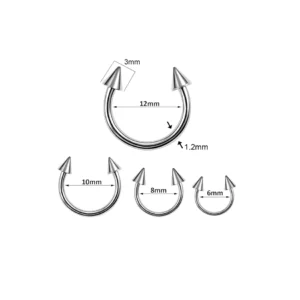 Piercing Fer À Cheval en Titane orné de Spikes (dimensions).