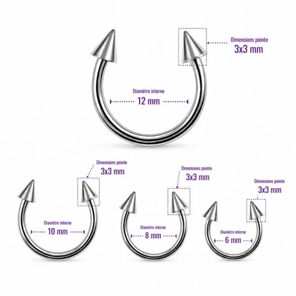 Piercing Fer à Cheval à Pointes Coniques Titane (dimensions) Piercing Fer à Cheval à Pointes Coniques Titane (dimensions).