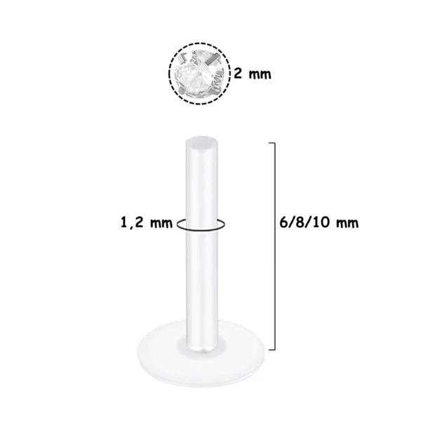 Piercing Labret Tige Bioflex® 6 à 10 mm avec Zircon Push-Fit 2 mm Piercing Labret Tige Bioflex® 6 à 10 mm avec Zircon Push-Fit 2 mm.