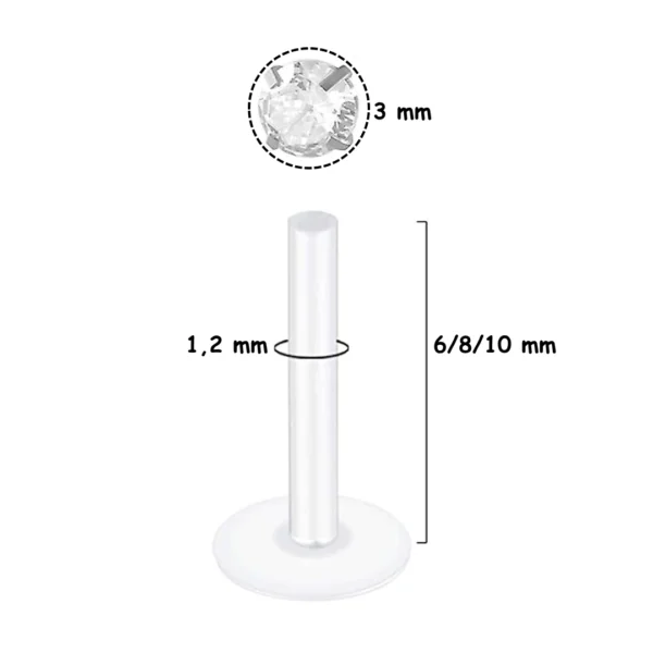 Piercing Labret Tige Bioflex® 6 à 10 mm avec Zircon Push-Fit 3 mm Piercing Labret Tige Bioflex® 6 à 10 mm avec Zircon Push-Fit 3 mm.