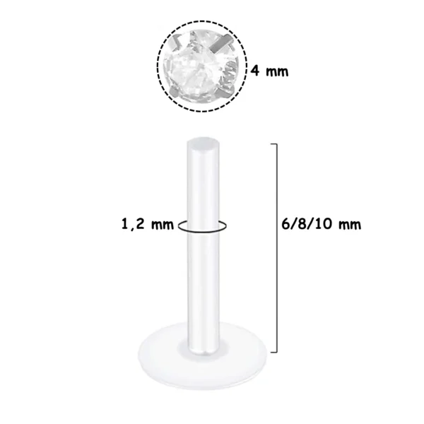 Piercing Labret Tige Bioflex® 6 à 10 mm avec Zircon Push-Fit 4 mm Piercing Labret Tige Bioflex® 6 à 10 mm avec Zircon Push-Fit 4 mm.