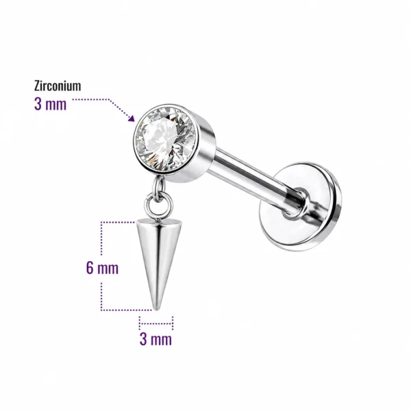 Piercing Labret Titane Zirconium & Pointe Suspendue (dimensions) Piercing Labret Titane Zirconium & Pointe Suspendue (dimensions).