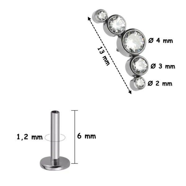 Piercing Labret Titane à 5 Zircons en Arc Lumineux (variante tige 6 mm filetage interne) Piercing Labret Titane à 5 Zircons en Arc Lumineux (variante tige 6 mm filetage interne).