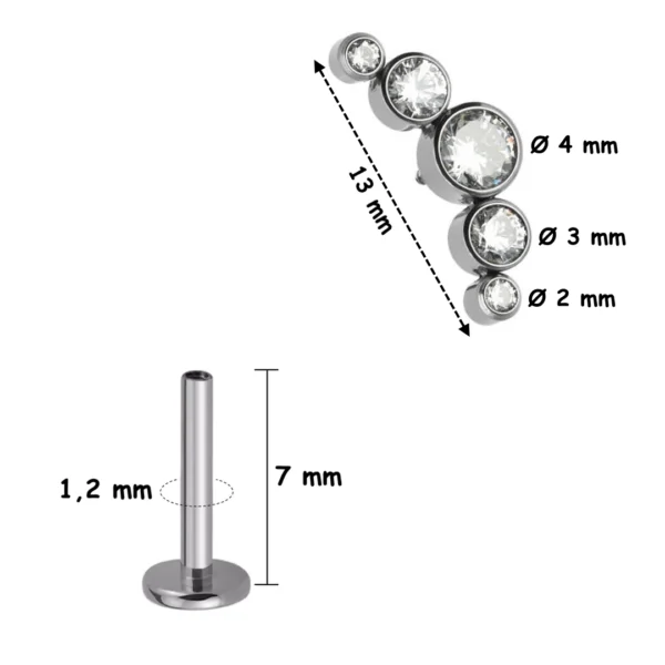 Piercing Labret Titane à 5 Zircons en Arc Lumineux (variante tige 7 mm filetage interne) Piercing Labret Titane à 5 Zircons en Arc Lumineux (variante tige 7 mm filetage interne).