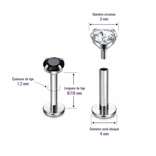 Piercing Labret Titane à Zirconium Griffé (dimensions) Piercing Labret Titane à Zirconium Griffé (dimensions).