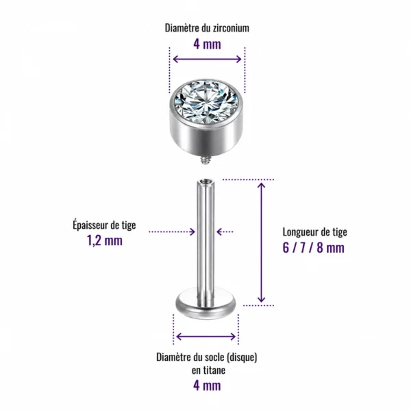 Piercing Labret Titane à Zirconium Serti Clos (dimensions) Piercing Labret Titane à Zirconium Serti Clos (dimensions).