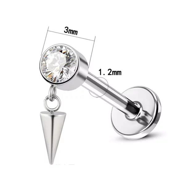 Piercing Labret en Titane à Zircon orné d'un Spike (dimensions) Piercing Labret en Titane à Zircon orné d'un Spike (dimensions)
