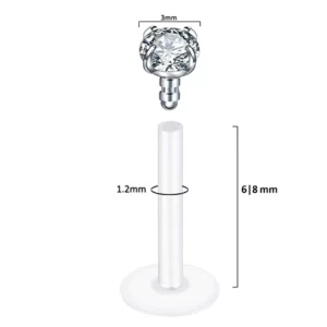 Piercing Labret tige Bioflex avec Zircon (dimensions).