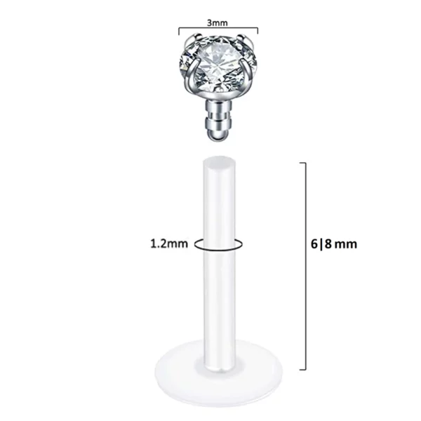 Piercing Labret tige Bioflex avec Zircon (dimensions) Piercing Labret tige Bioflex avec Zircon (dimensions).