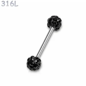 Piercing Langue Billes Pavées de Zirconiums Noirs.