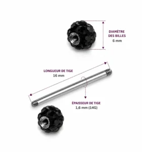 Piercing Langue Billes Pavées de Zirconiums Noirs (dimensions).