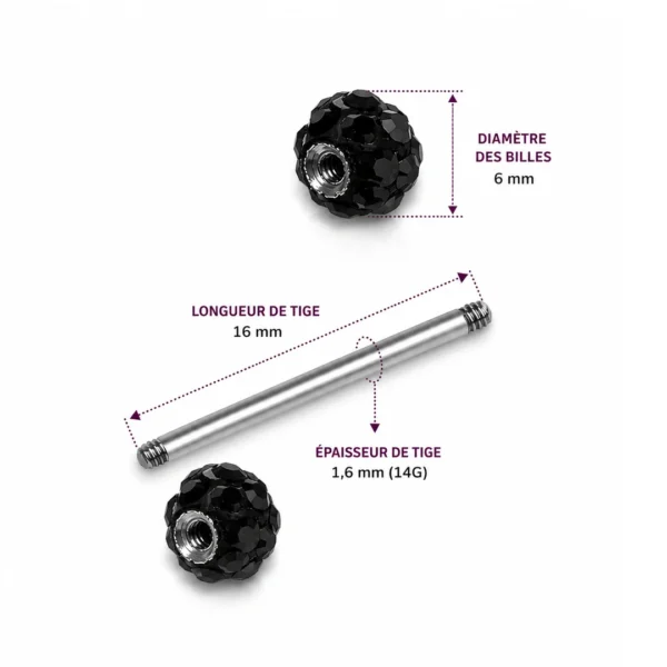 Piercing Langue Billes Pavées de Zirconiums Noirs (dimensions) Piercing Langue Billes Pavées de Zirconiums Noirs (dimensions).