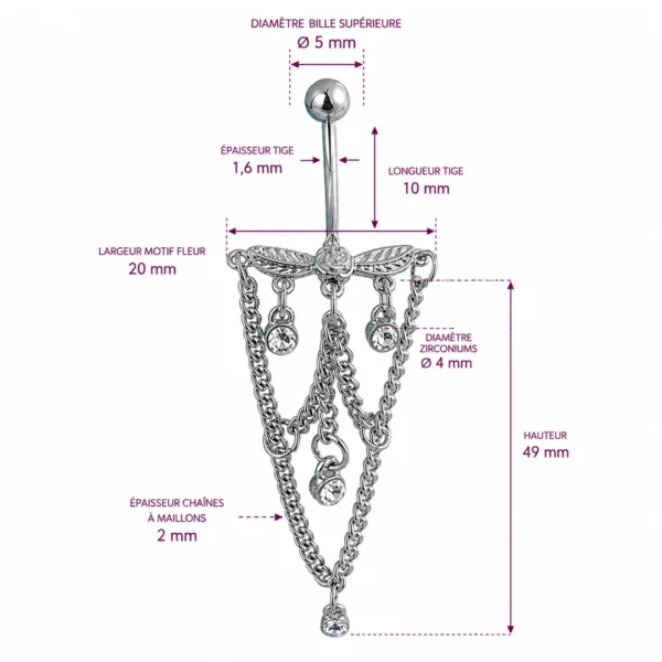 Piercing Nombril Chandelier Floral à Chaînes et Zirconiums (dimensions) Piercing Nombril Chandelier Floral à Chaînes et Zirconiums (dimensions).