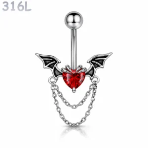 Piercing Nombril Cœur Ailé Gothique et Chaînes Pendantes.