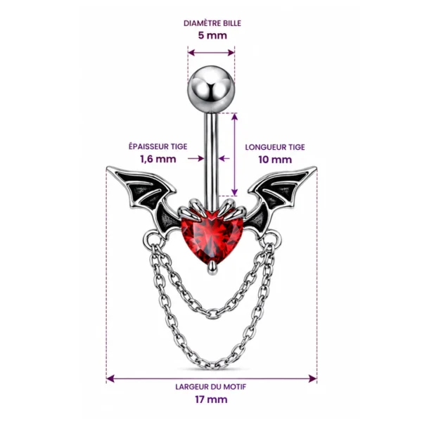 Piercing Nombril Cœur Ailé Gothique et Chaînes Pendantes (dimensions) Piercing Nombril Cœur Ailé Gothique et Chaînes Pendantes (dimensions).