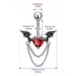 Piercing Nombril Cœur Ailé Gothique et Chaînes Pendantes (dimensions).