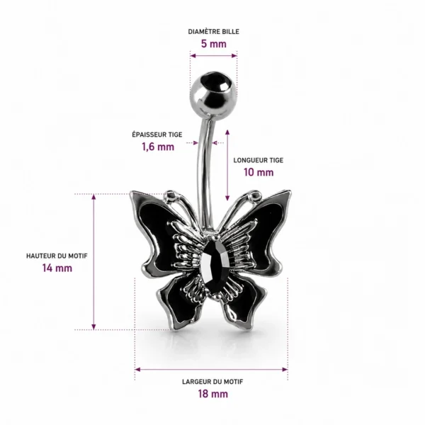 Piercing Nombril Papillon Noir à Zirconiums Sertis (dimensions) Piercing Nombril Papillon Noir à Zirconiums Sertis (dimensions).