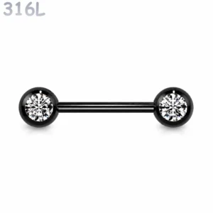 Piercing Téton Barbell Noir Boules Serties de Zirconiums.