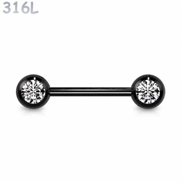 Piercing Téton Barbell Noir Boules Serties de Zirconiums Piercing Téton Barbell Noir Boules Serties de Zirconiums.