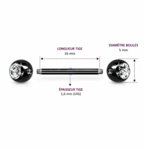 Piercing Téton Barbell Noir Boules Serties de Zirconiums (dimensions).