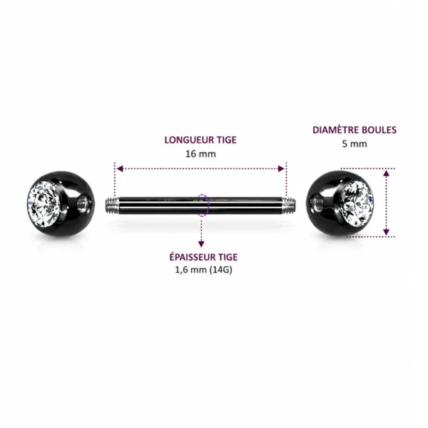 Piercing Téton Barbell Noir Boules Serties de Zirconiums (dimensions) Piercing Téton Barbell Noir Boules Serties de Zirconiums (dimensions).