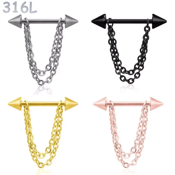 Piercing Téton Barbell Pointes & Double Chaîne Pendante.