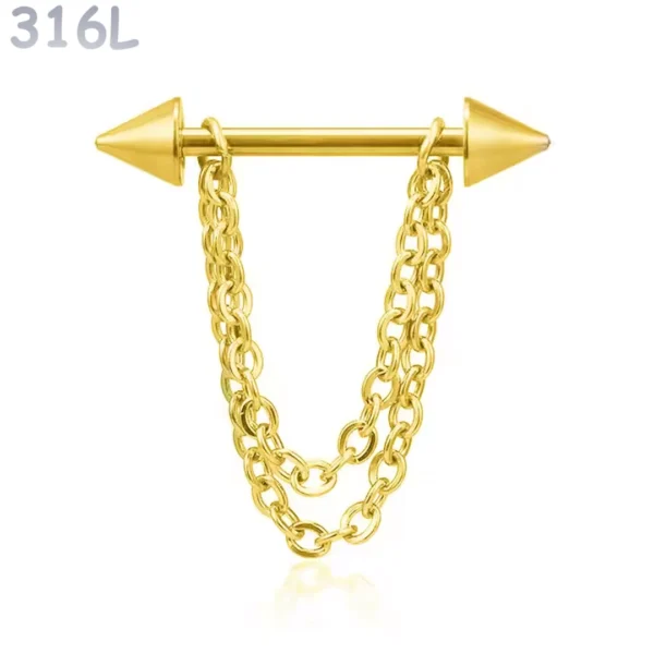 Piercing Téton Barbell Pointes & Double Chaîne Pendante Acier 316L Doré PVD Piercing Téton Barbell Pointes & Double Chaîne Pendante Acier 316L Doré PVD.