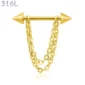 Piercing Téton Barbell Pointes & Double Chaîne Pendante Acier 316L Doré PVD.