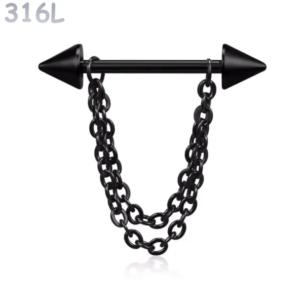 Piercing Téton Barbell Pointes & Double Chaîne Pendante Acier 316L Noir PVD Piercing Téton Barbell Pointes & Double Chaîne Pendante Acier 316L Noir PVD.