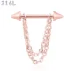Piercing Téton Barbell Pointes & Double Chaîne Pendante Acier 316L Or Rose PVD.