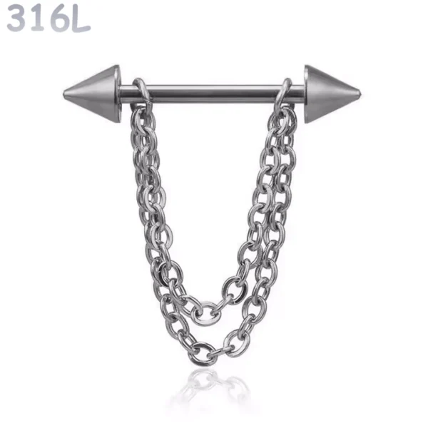 Piercing Téton Barbell Pointes & Double Chaîne Pendante Acier 316L Poli Piercing Téton Barbell Pointes & Double Chaîne Pendante Acier 316L Poli.