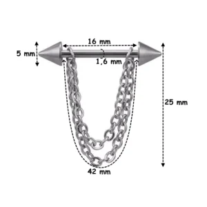 Piercing Téton Barbell Pointes & Double Chaîne Pendante (dimensions).
