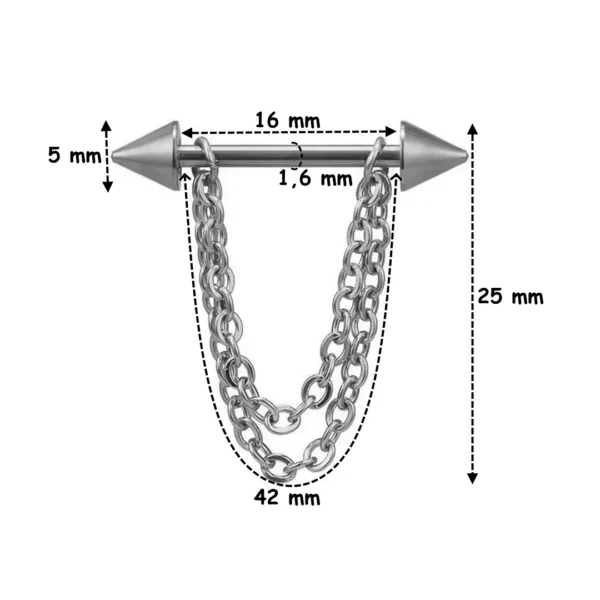 Piercing Téton Barbell Pointes & Double Chaîne Pendante (dimensions) Piercing Téton Barbell Pointes & Double Chaîne Pendante (dimensions).