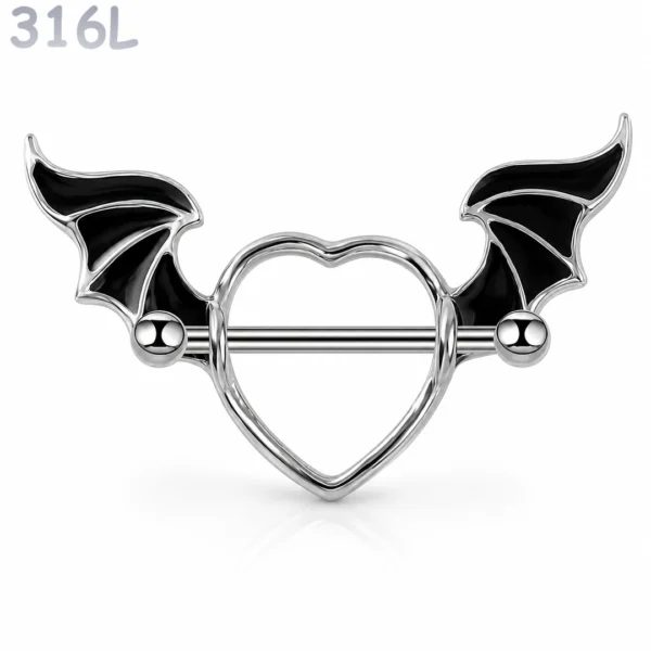 Piercing Téton Cœur Ailé Gothique Noir Émaillé Piercing Téton Cœur Ailé Gothique Noir Émaillé.