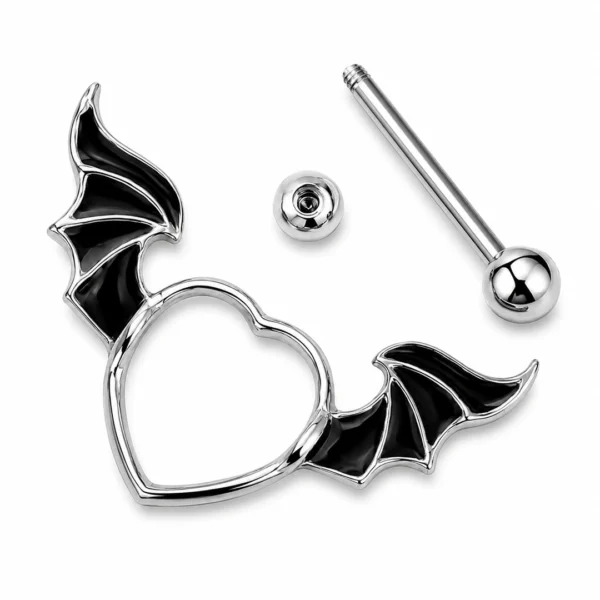 Piercing Téton Cœur Ailes Chauve-Souris Noires Émaillées Piercing Téton Cœur Ailes Chauve-Souris Noires Émaillées.