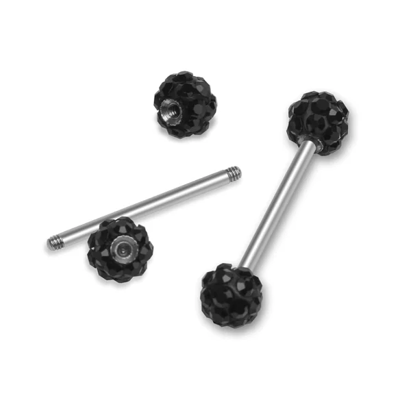Piercing langue Barbell en acier à boules facettées (filetage) Piercing langue Barbell en acier à boules facettées (filetage).