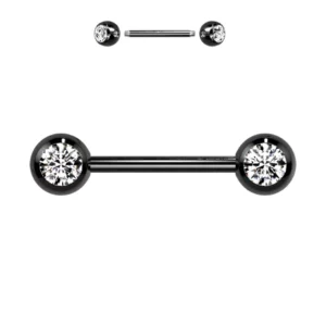 Piercing langue Barbell en acier à boules serties de zircon.