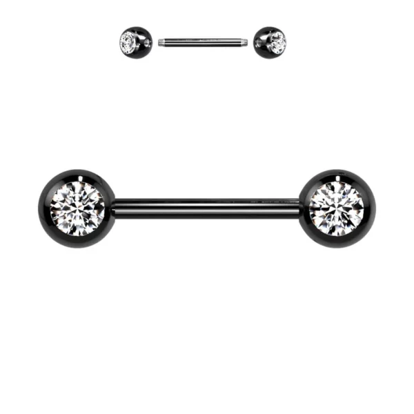 Piercing langue Barbell en acier à boules serties de zircon.