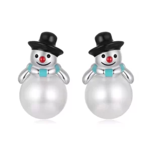 Boucles d’Oreilles Bonhomme de Neige en Argent 925 avec Perle Blanche.