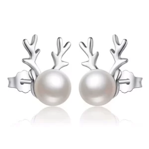 Boucles d'Oreilles Renne en Argent 925 Sterling avec Perle Fantaisie.