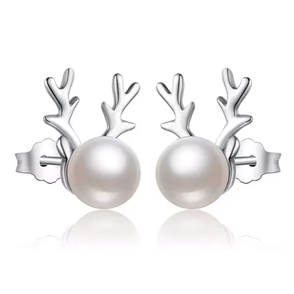 Boucles d'Oreilles Renne en Argent 925 Sterling avec Perle Fantaisie.