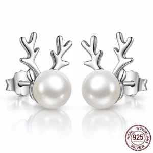 Boucles d'Oreilles Renne de Noël en Argent 925 & Perle.