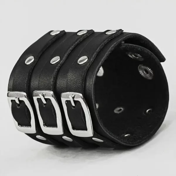 Bracelet Large en Cuir avec Boucles à Ardillon et Rivets 8 Bracelet Large en Cuir avec Boucles à Ardillon et Rivets 8