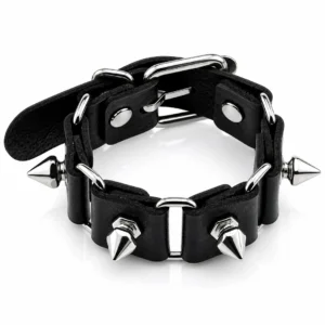 Bracelet en Cuir Noir à Clous & Maillons Métalliques.