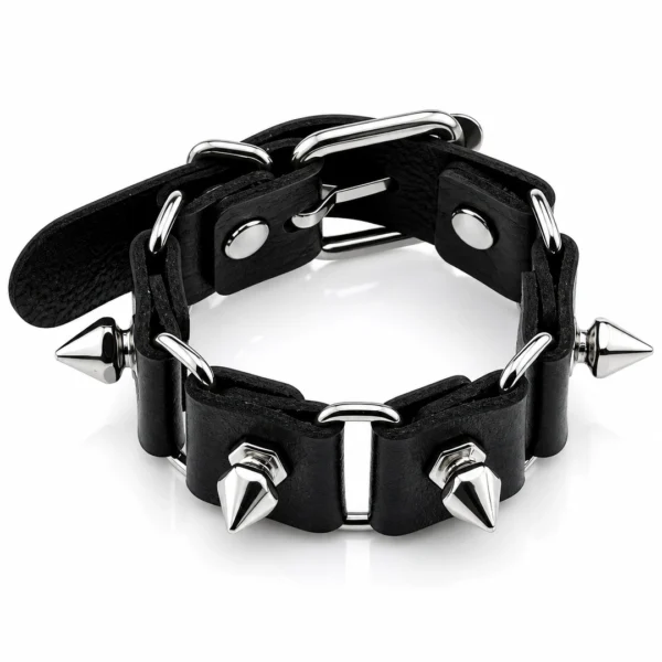 Bracelet en Cuir Noir à Clous & Maillons Métalliques.