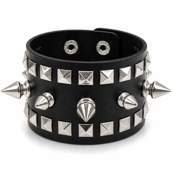 Bracelet en Cuir à Pointes et Rivets Pyramide.