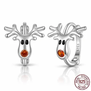Créoles Renne de Noël en Argent 925 & Zirconium Rouge.
