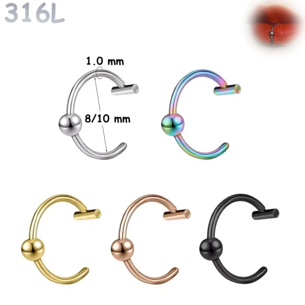 Faux Piercing Lèvre Anneau Perlé 8-10 mm en Acier 316L.